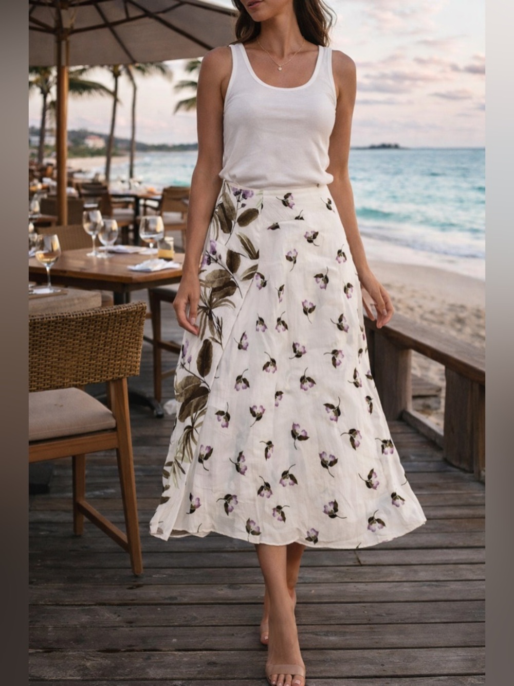 Vince Floral Mixed Print Midi Skirt Size 8 Lightweight Linen Blend, Resort Style